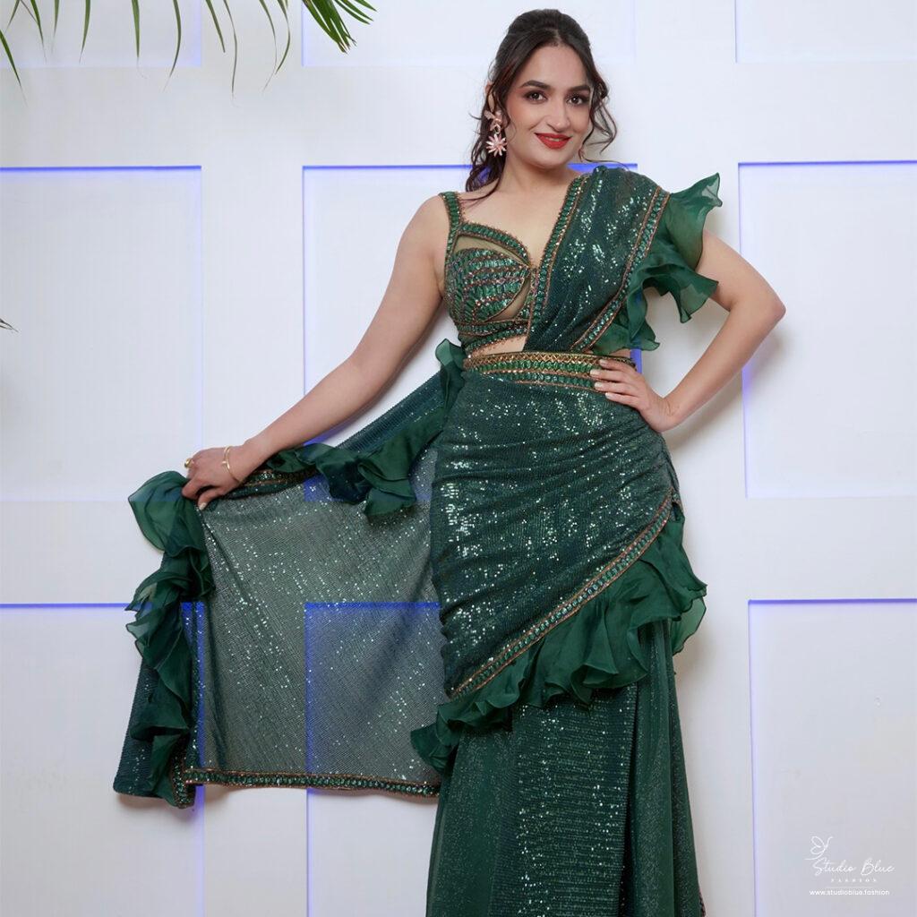 Green Silk Sequins Work Ruffle Ready to Wear Saree