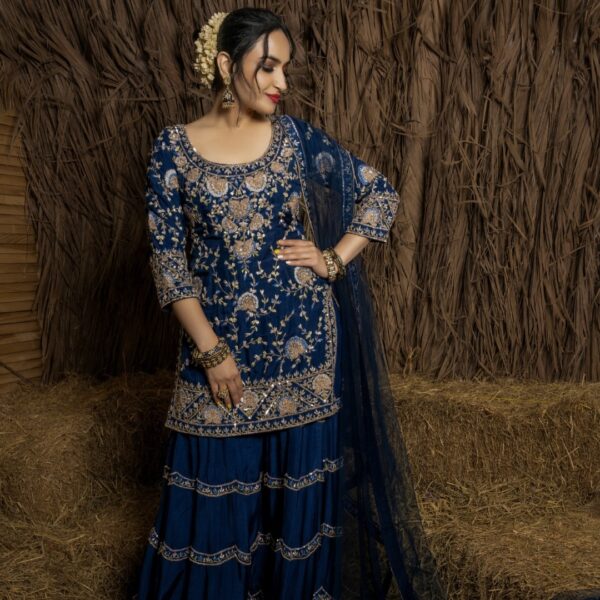 Blue Hand Embroidery Kurta Palazzo Set