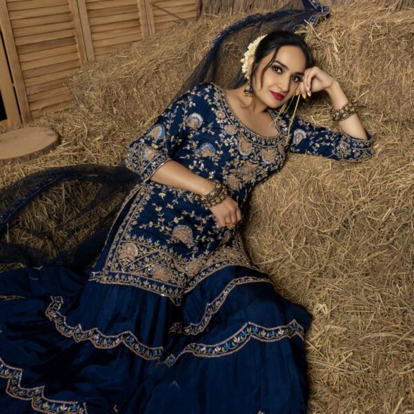 Blue Hand Embroidery Kurta Palazzo Set - Image 4
