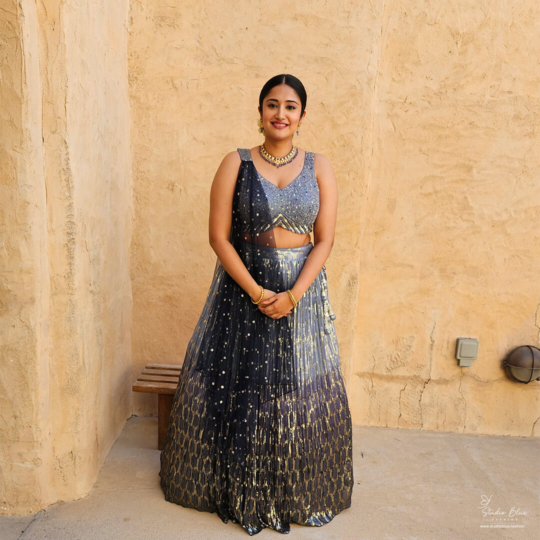 Blue Ombre Sequins Sheeted Lehenga Set - Image 2