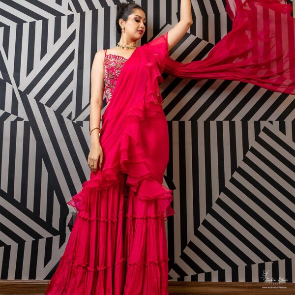 Hand Work Ruffle Sharara Saree With Stitched Blouse