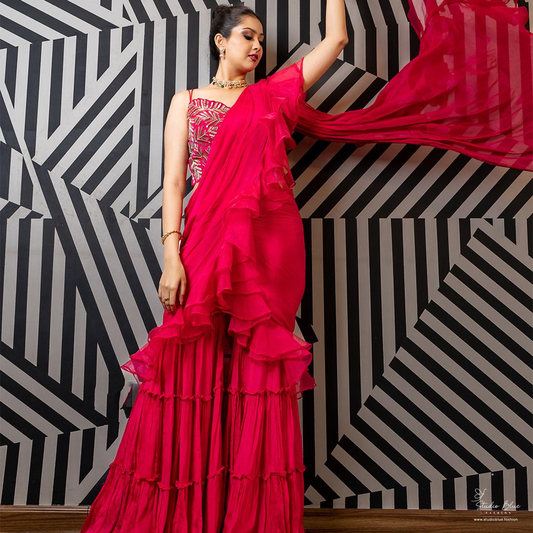 Hand Work Ruffle Sharara Saree With Stitched Blouse