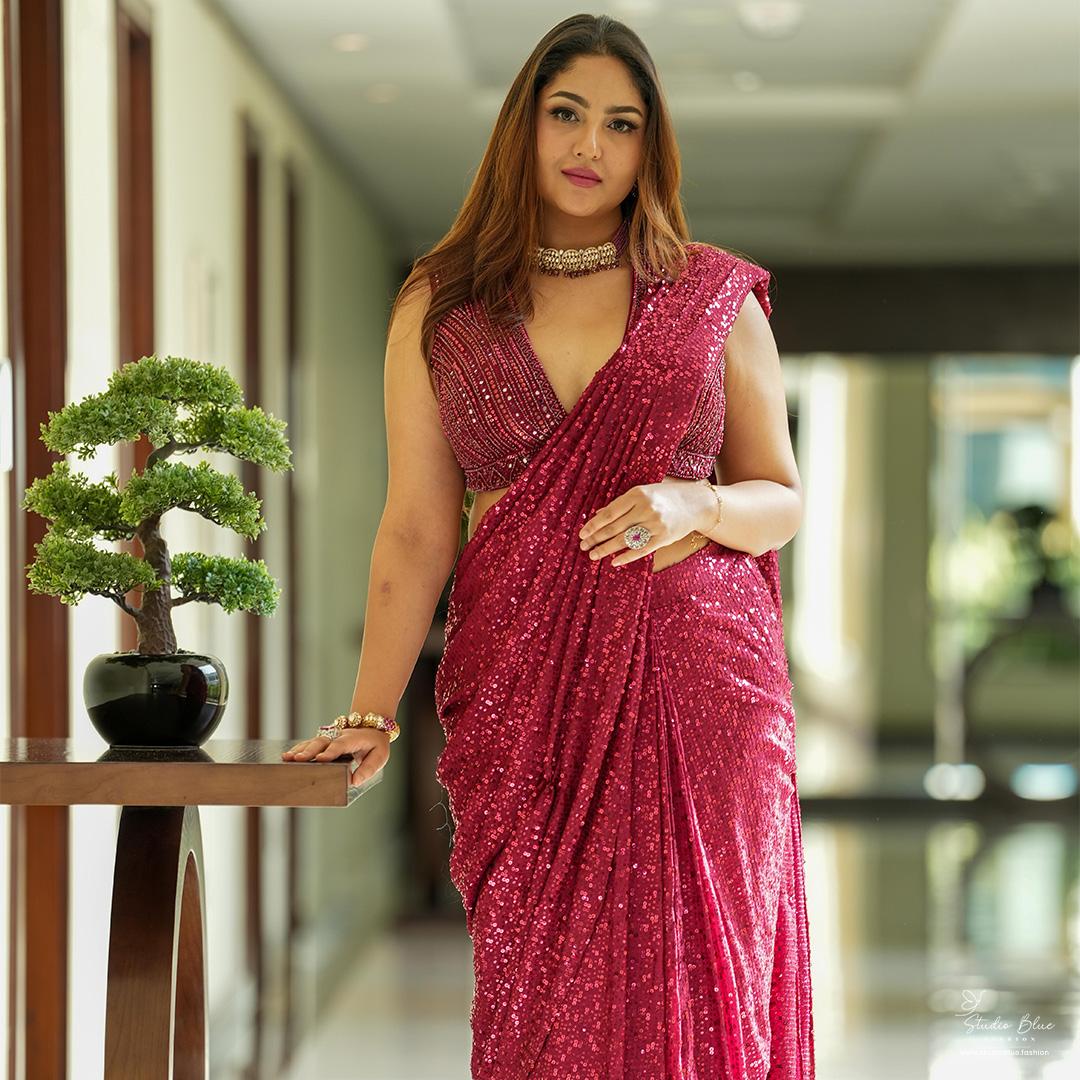 Pre-Draped Saree with Sequins Work - Image 3