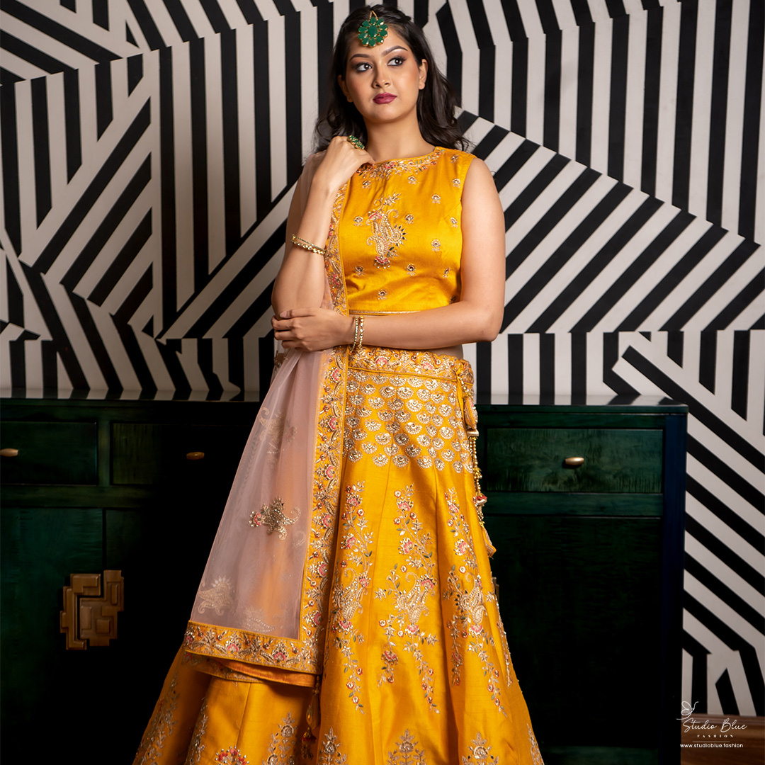 Yellow Hand Embroidered Lehenga Set - Image 4