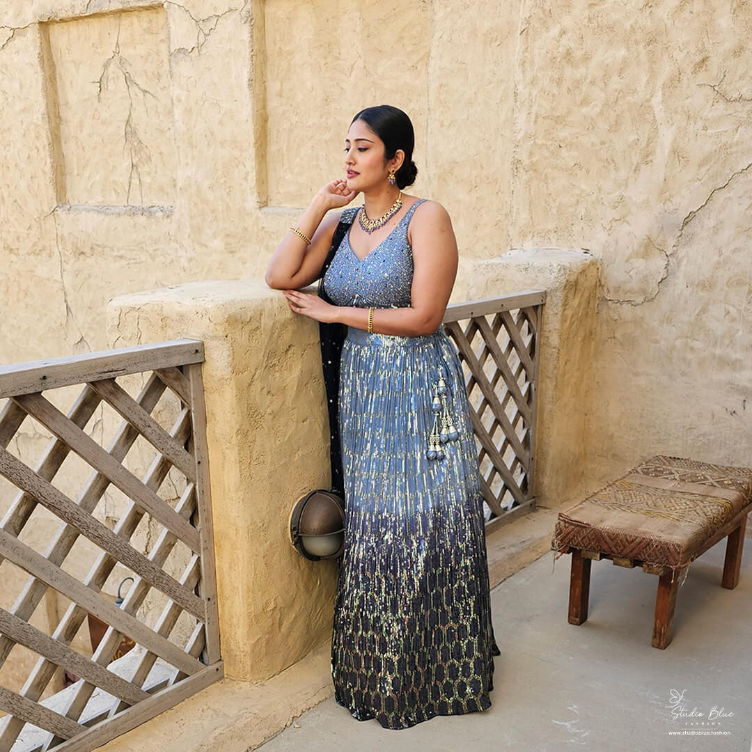 Blue Ombre Sequins Sheeted Lehenga Set