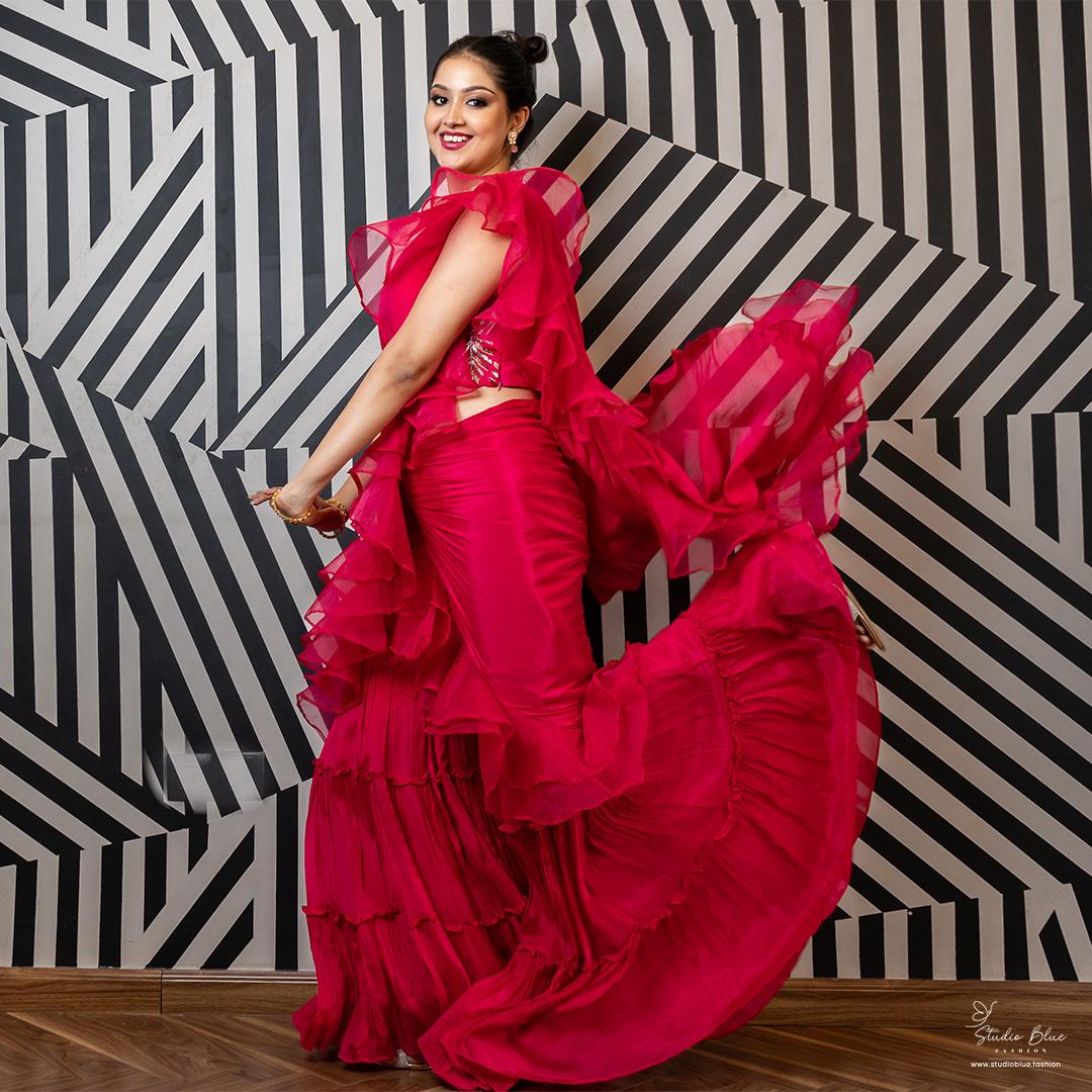 Hand Work Ruffle Sharara Saree With Stitched Blouse - Image 2