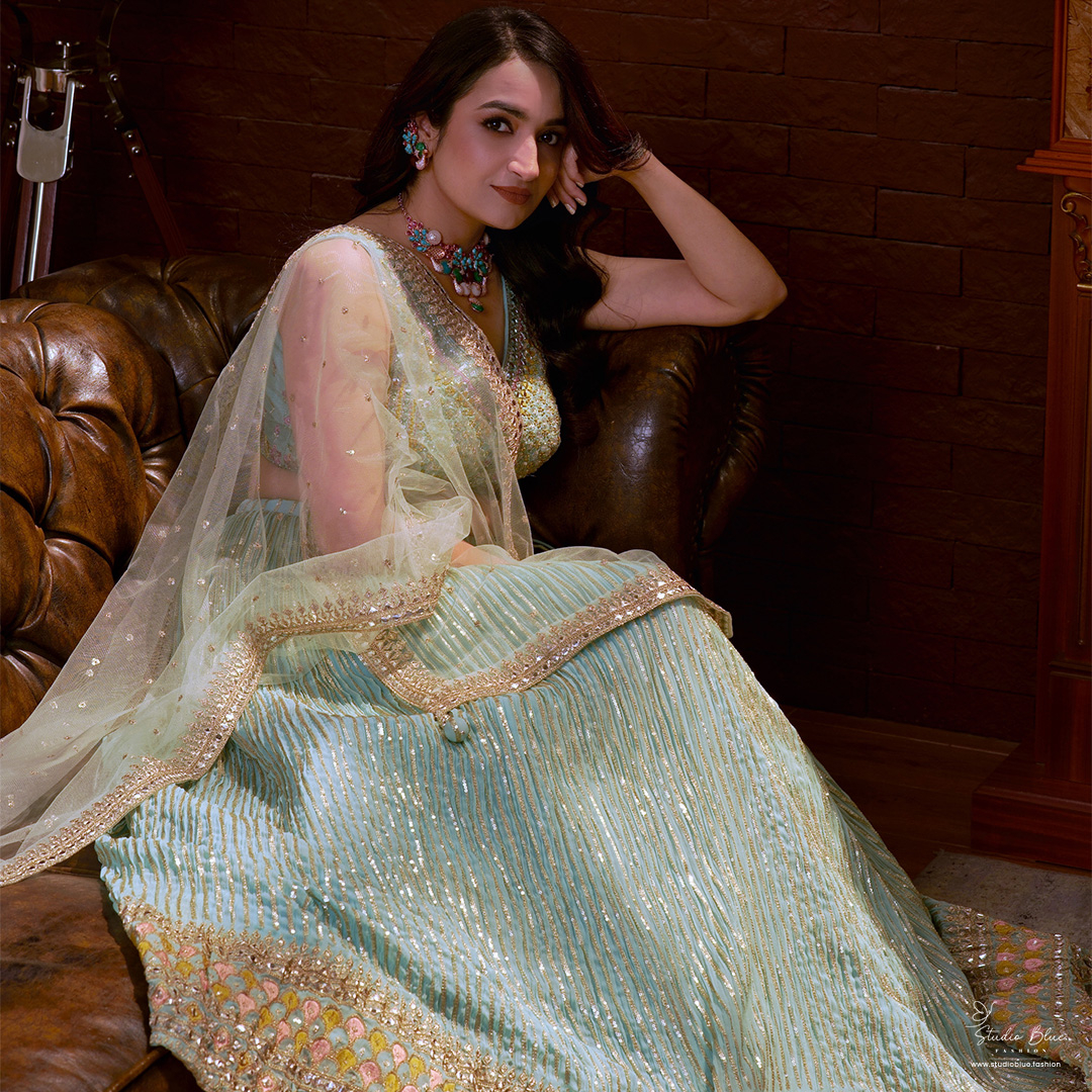 Mint Embroidered Lehenga Set
