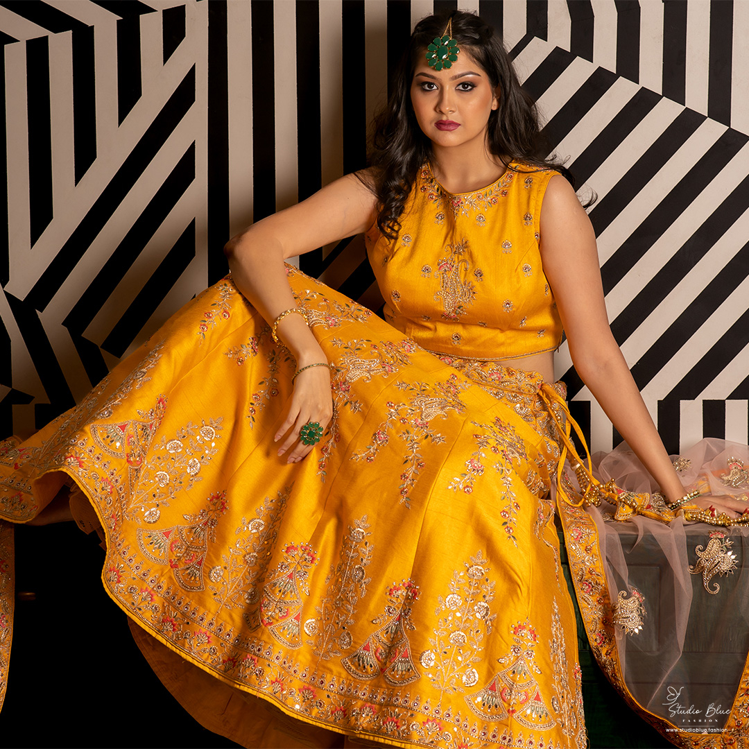 Yellow Hand Embroidered Lehenga Set - Image 3