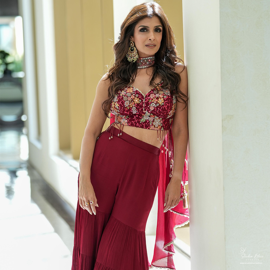 Maroon Sharara and Crop Top Set